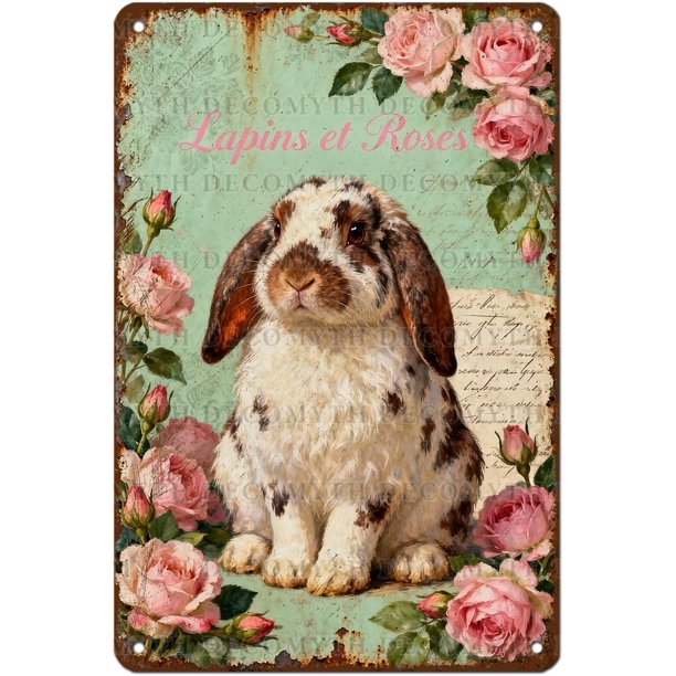Letrero estaño metal conejo Pascua vintage conejo flor huevo primavera arte pared hogar granja cocina dormitorio 20x30cm