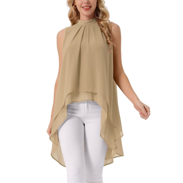 INSPIRE CHIC Blusas de Mujer de Chifón Cuello Alto Sin Mangas con Lazo en la Espalda Dobladillo Alto Bajo Camisa de Verano Caqui XL