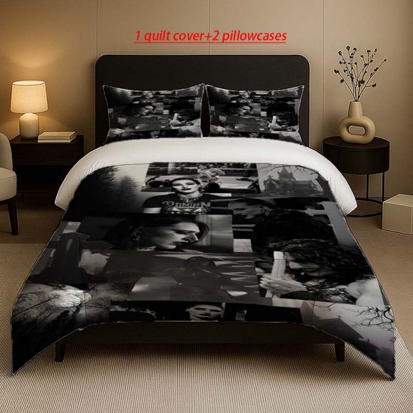 R Ripley Gothic Style Black and White Collage Pattern Three-Piece Set Soft and Comfortable Bedding Set Suitable for All Seasons