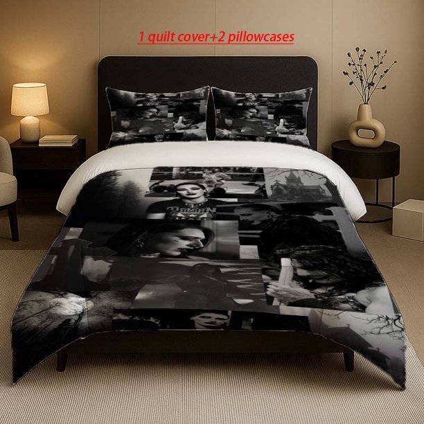 R Ripley Gothic Style Black and White Collage Pattern Three-Piece Set Soft and Comfortable Bedding Set Suitable for All Seasons
