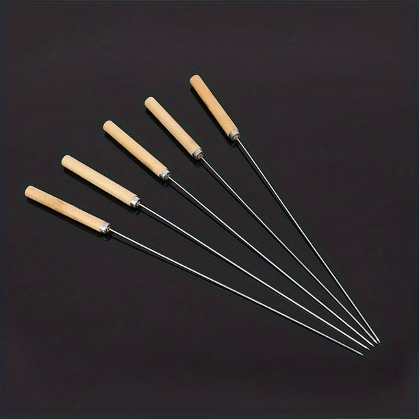10pcs Barbecue Skewers With Wooden Handle Marshmallow Roasting Sticks Meat Hot Dog Fork Best For BBQ Camping Cookware Campfire Grill Cooking, Stainless Steel, 13 Inches (Including Handle)