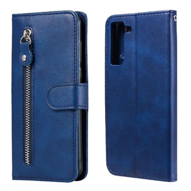 Funda con Cremallera para Samsung Galaxy S21 FE 5G, Carcasa Cartera de Cuero PU con Soporte y Tarjetero