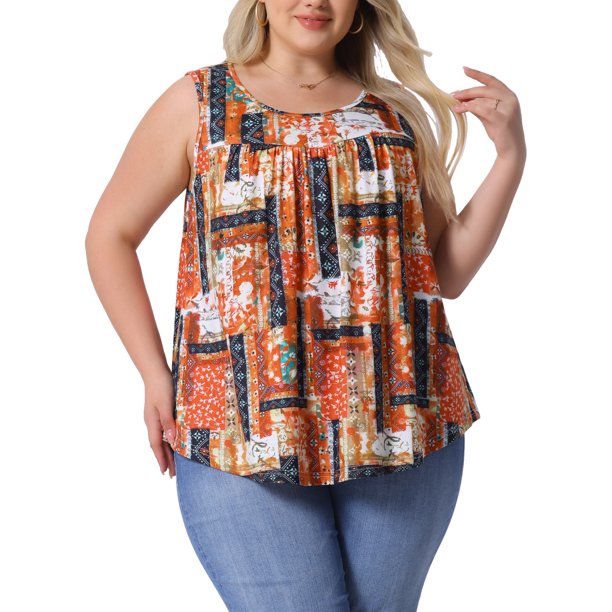 Agnes Orinda Women's Plus Size Boho Tank Tops Sin Mangas con Cuello Redondo Plisado Dobladillo Curvado Casual de Playa Camiseta Flowy 4X Naranja