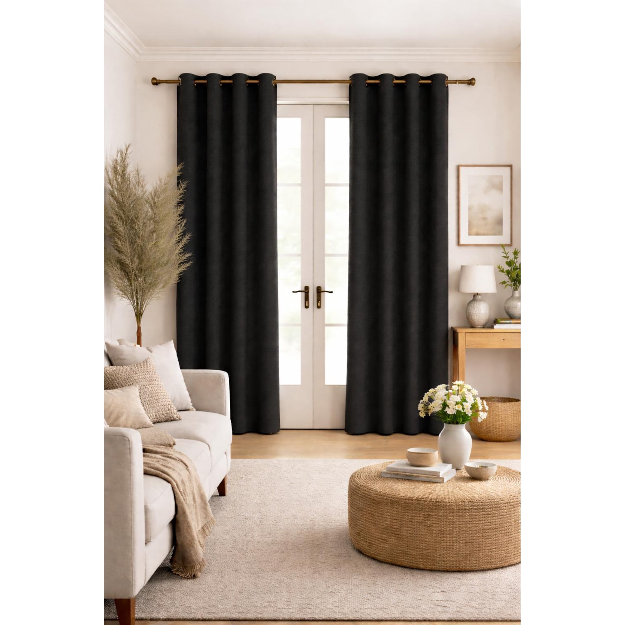 Clems - Cortina De Tela Tipo Lino 100% Blackout Engomada 2 Paños Negro