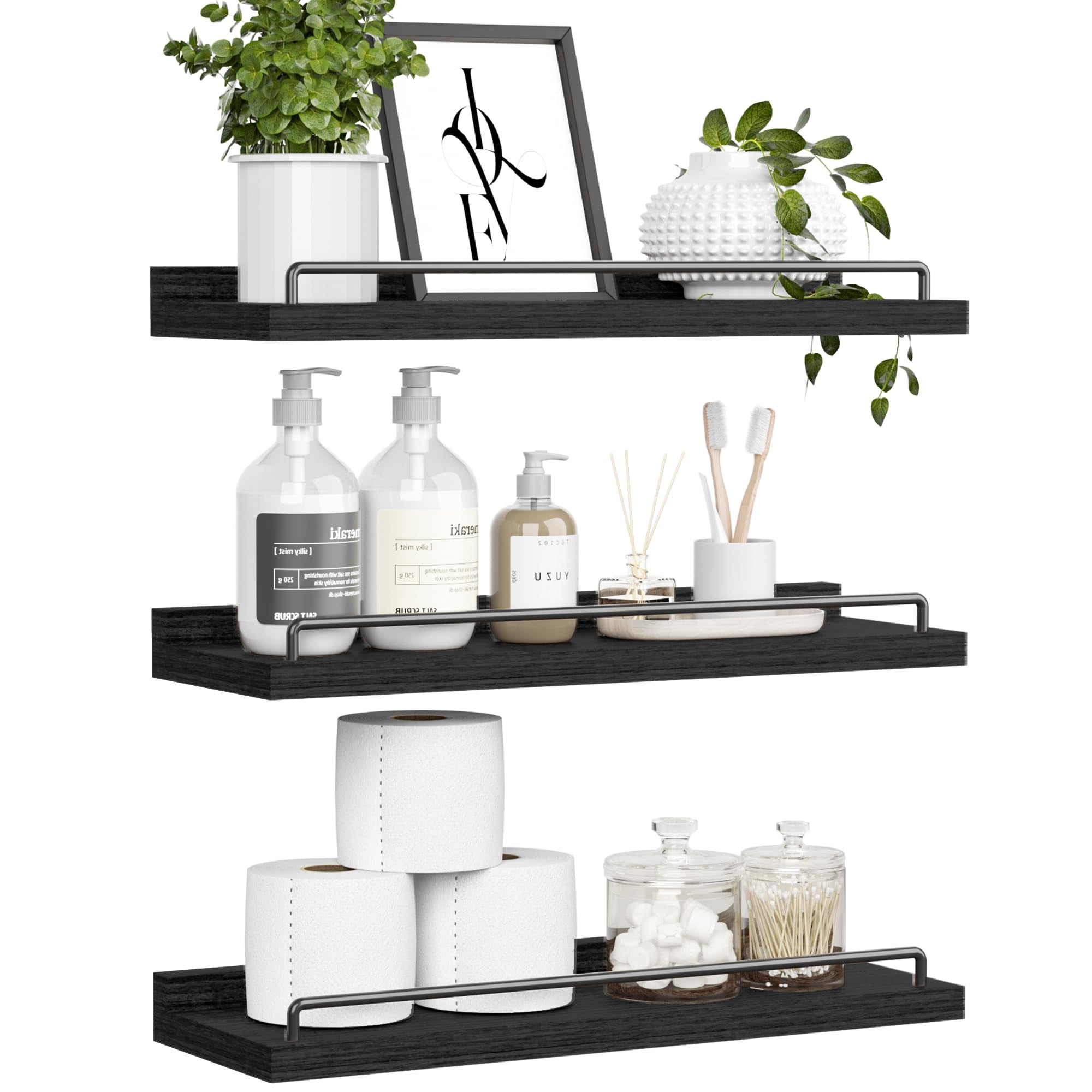 Estantes Flotantes Ryofobetto Para Decoración De Pared Y Baño Negros (juego De 3)