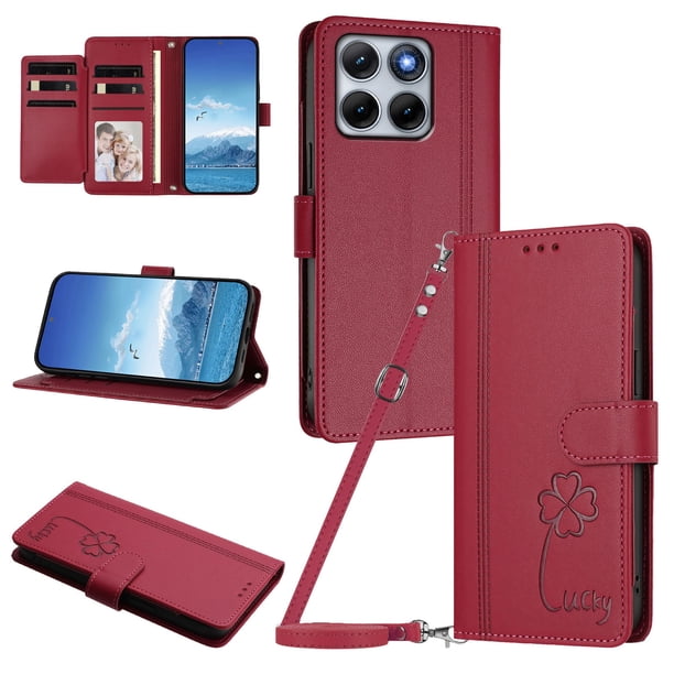 Funda Cartera Trébol para Motorola Edge 70 Fusion con Ranuras Tarjetas y Carga Inalámbrica Rojo