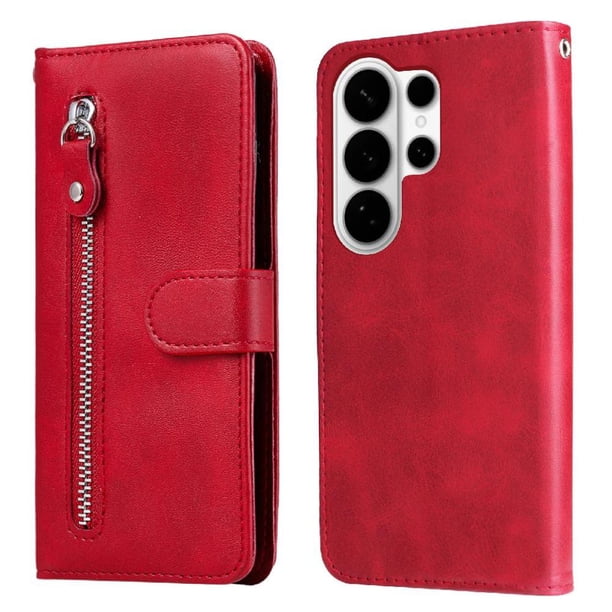 Funda tipo cartera para Samsung Galaxy S26 Ultra con bolsillo con cremallera y ranuras para tarjetas – Función de soporte Rojo