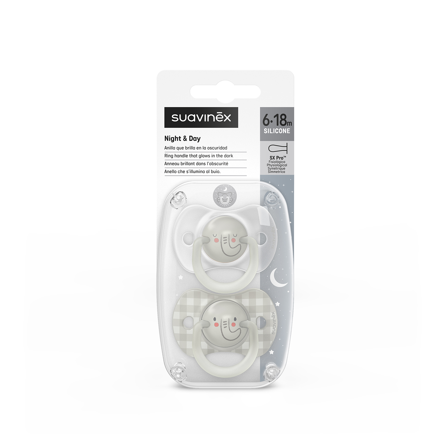Suavinex - Chupete Noche Fisiologico Silicona 6-18 Meses Elephant 2 Un