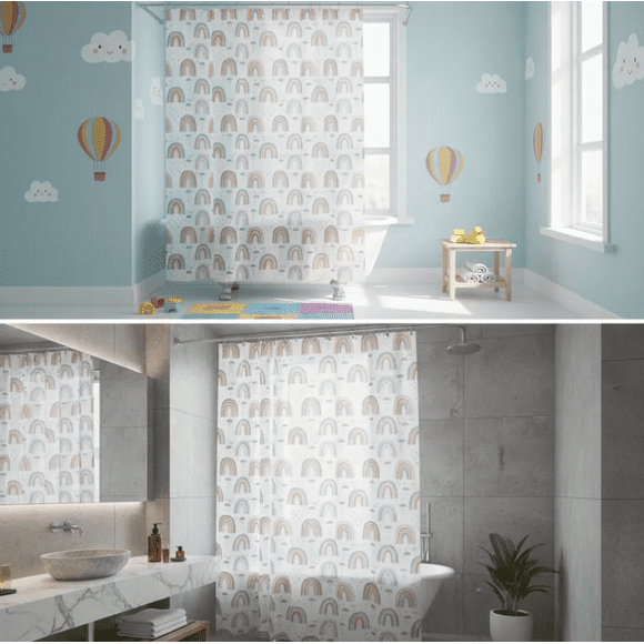 Cortina De Baño Peva 180x180cm Diseño Arcoíris Con Ganchos