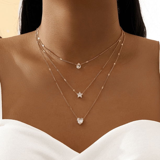 Retro Reticulated Star Pendant Necklace - Zircon Multi-Layer Five-Pointed Water Drop Pendant with Clavicle Chain