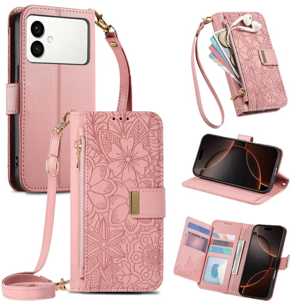 Funda tipo cartera de piel sintética FOXDOCK para Samsung Galaxy S26 Edge – Resistente a golpes y a las interferencias RFID – Correa de mano larga rosa