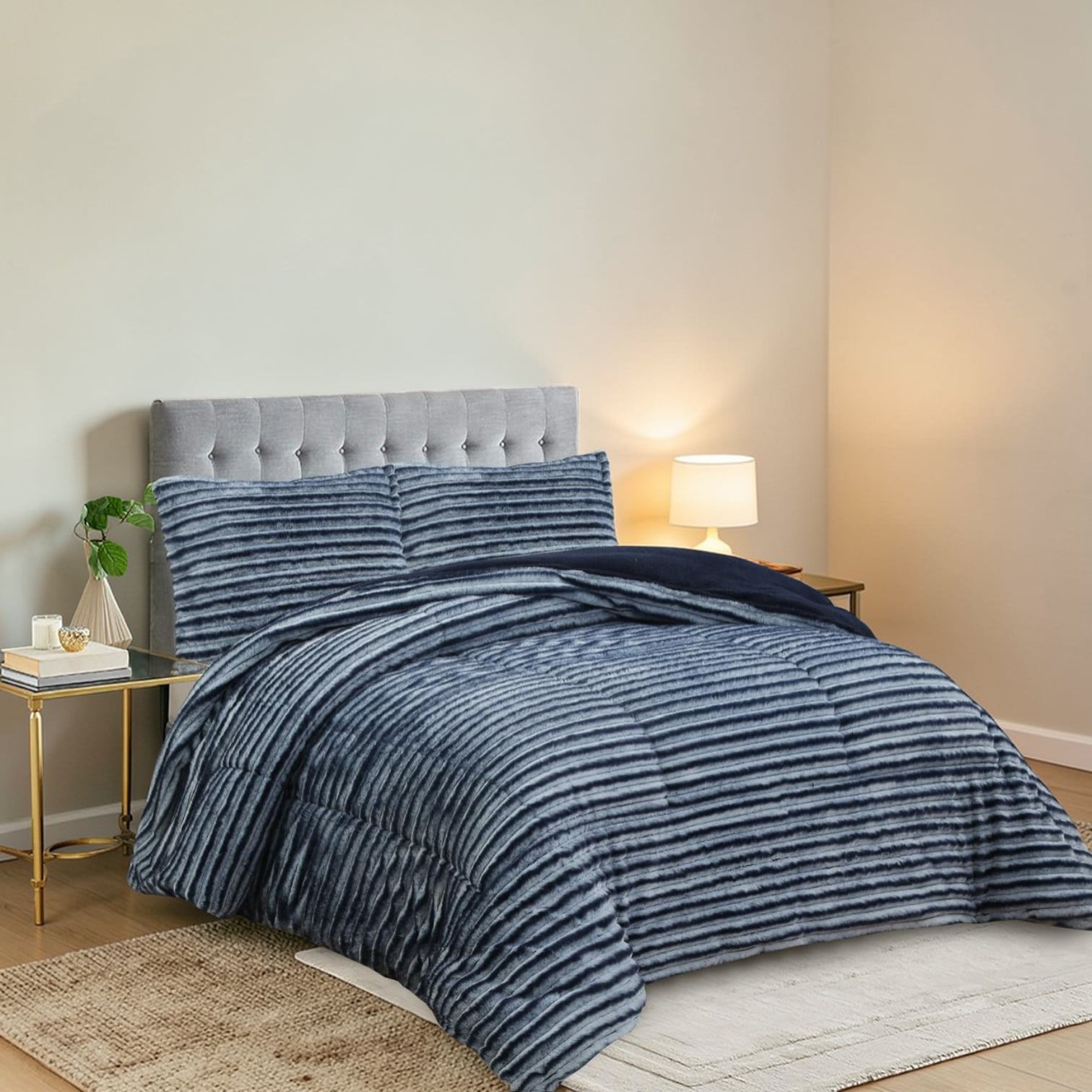 Cubrecama Premium Pelo De Conejo Sintetico Con Chiporro Lineas M31