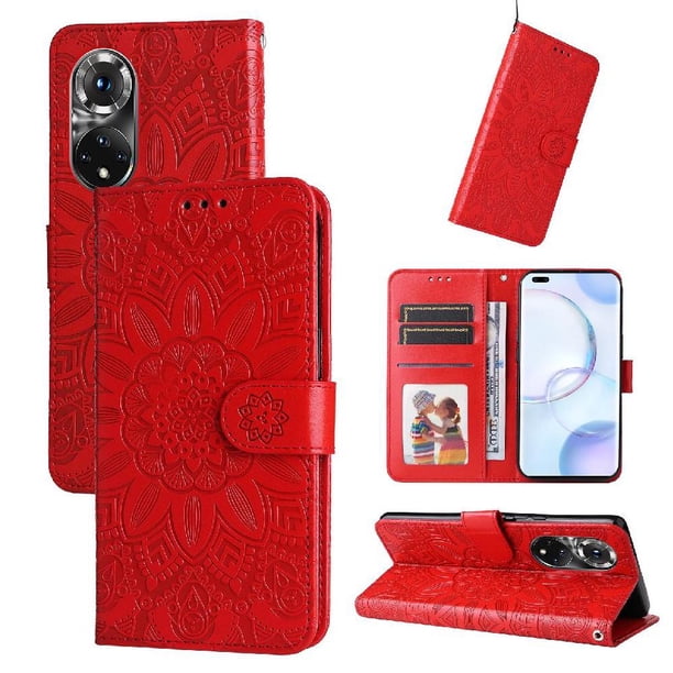 Funda tipo cartera FOXDOCK para Huawei Nova 9 Pro , diseño girasol en relieve, cuero PU, cierre magnético, soporte y tarjetero