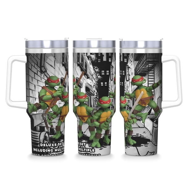 Las Tortugas Ninja Vaso aislado de acero inoxidable con asa, diseño temático, regalo para familia, amigos y fans; incluye pajita y encaja en el portavasos estándar, 40 oz