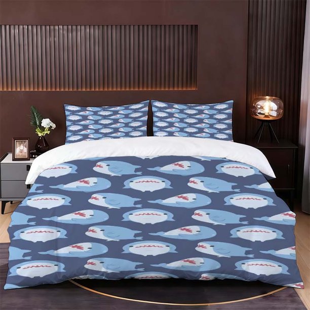 Cartoon Blue Shark Themed Bedding Set Including Duvet Cover And Pillowcases. Soft And Comfortable