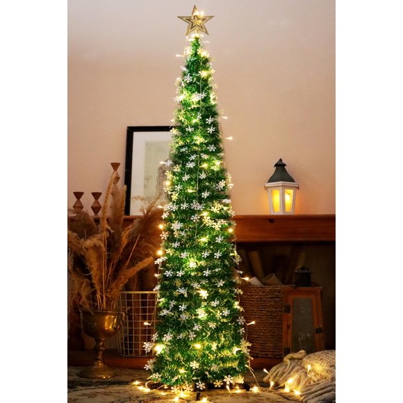 Árbol de Navidad HMASYO desplegable de 1,5 m con temporizador, luces y copos de nieve