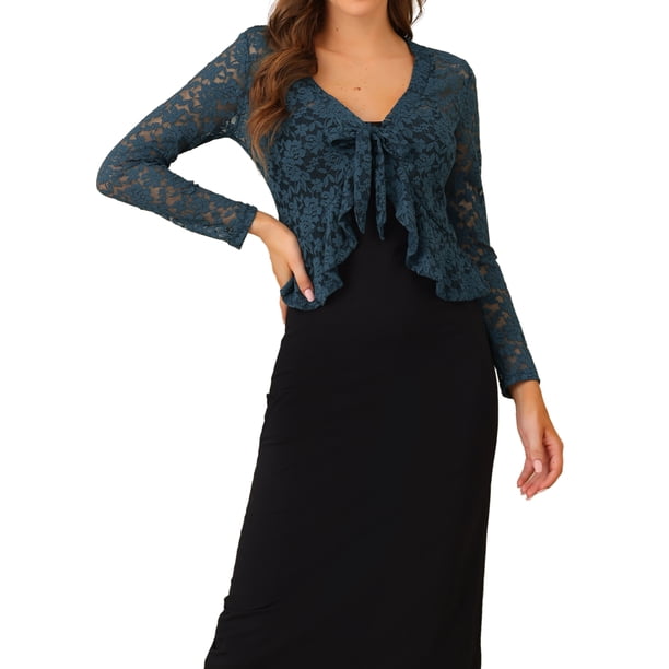 INSPIRE CHIC Bolero de encaje floral para mujer, chaqueta corta con dobladillo con volantes, lazo delantero, cárdigan recortado, cubierta ligera de verano, azul oscuro gris XL
