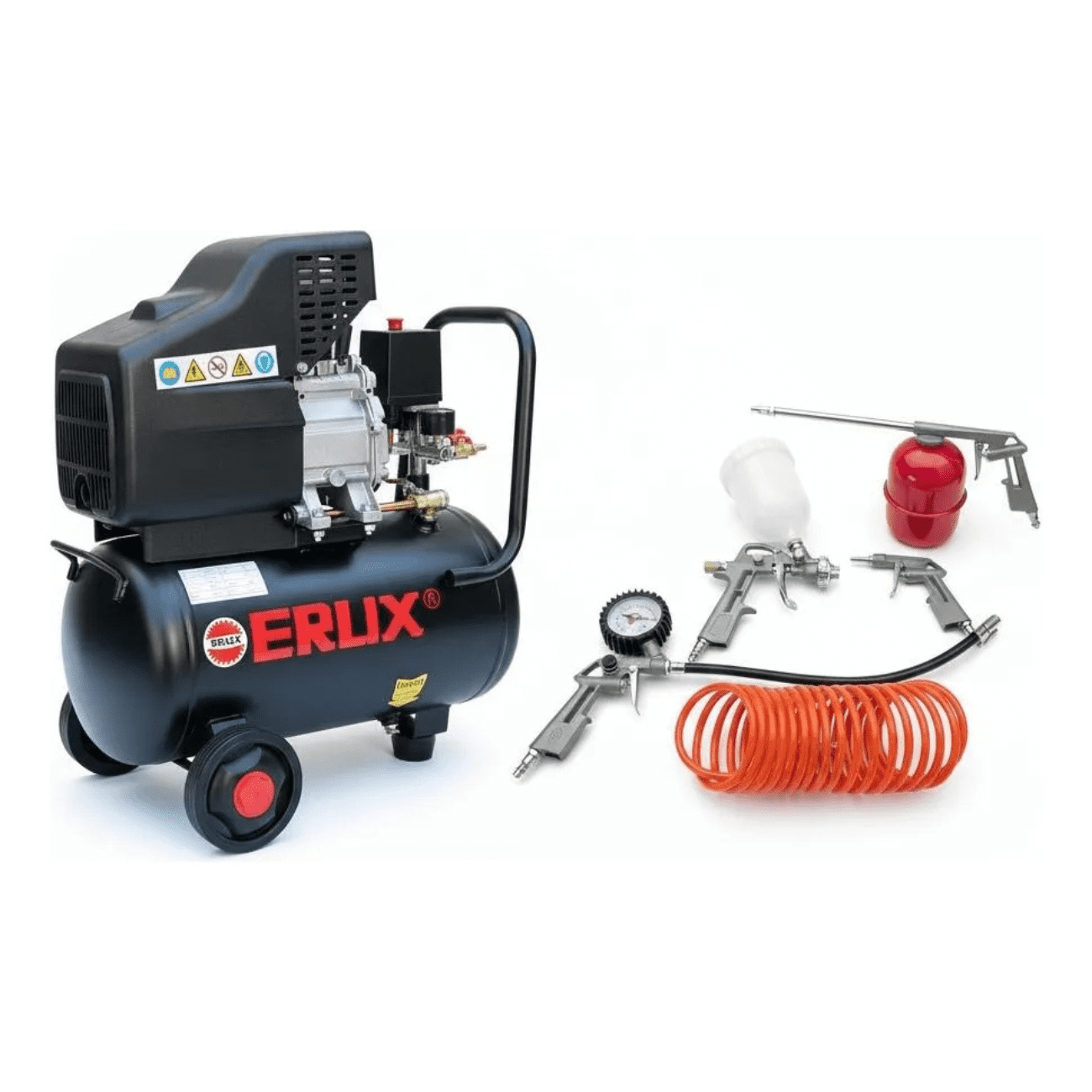 Erux - Compresor De Aire 24 Litros 2hp + Kit Completo Accesorios Negro 50hz Monofásica