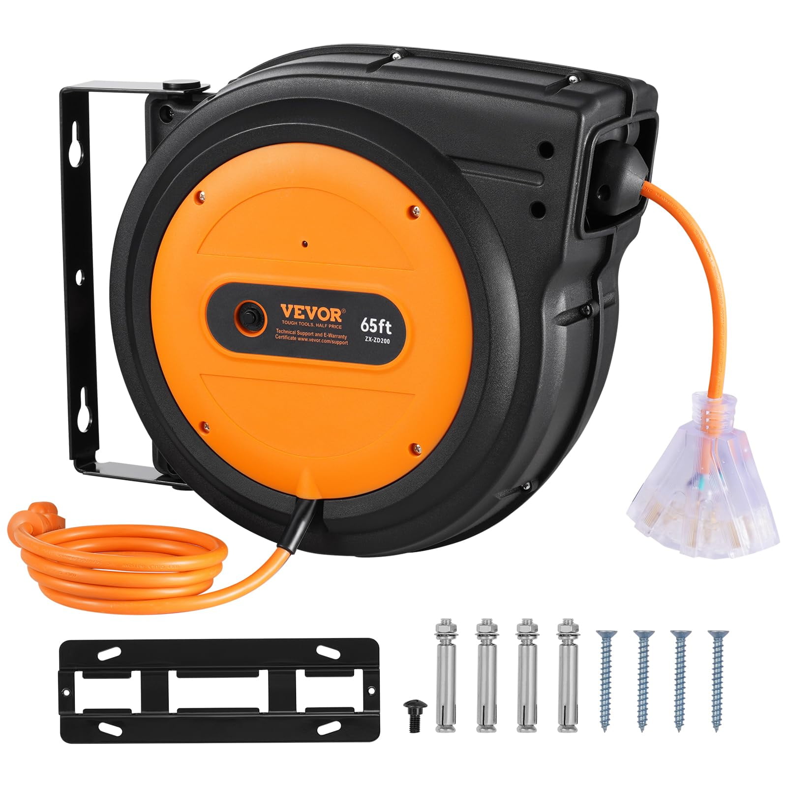 Carrete De Cable De Extensión Retráctil Vevor De 65 Pies Con Triple Salida