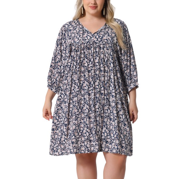 Agnes Orinda Vestido de Verano Talla Grande para Mujeres Escuelas Universidades Vestido Midi Flowy con Cordón en el Cuello en V Babydoll Sundress 3X Azul Marino