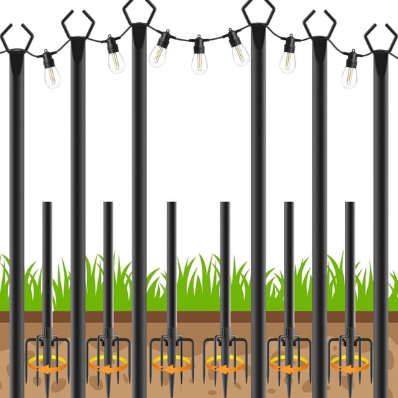 Postes para luces de guirnalda AHRLHR de metal, 3 m, paquete de 6, con punta en horquilla