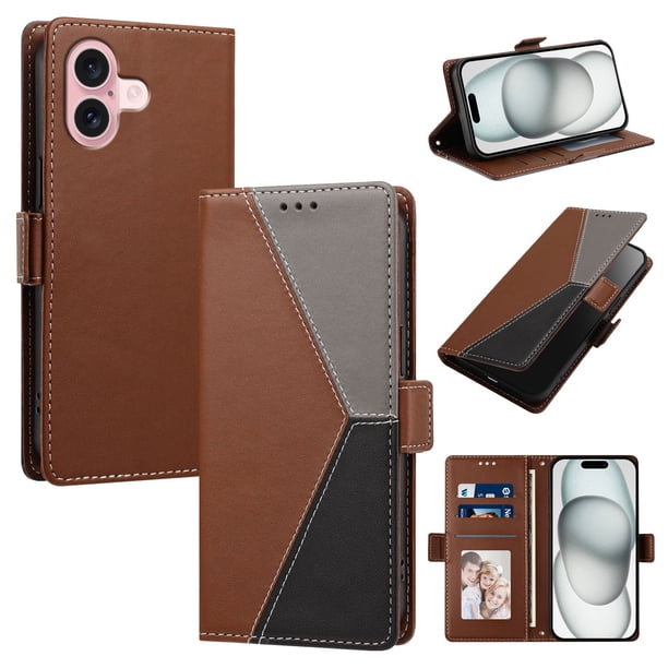 Funda Cartera Tricolor para iPhone 16 con Ranuras para Tarjetas, Marrón