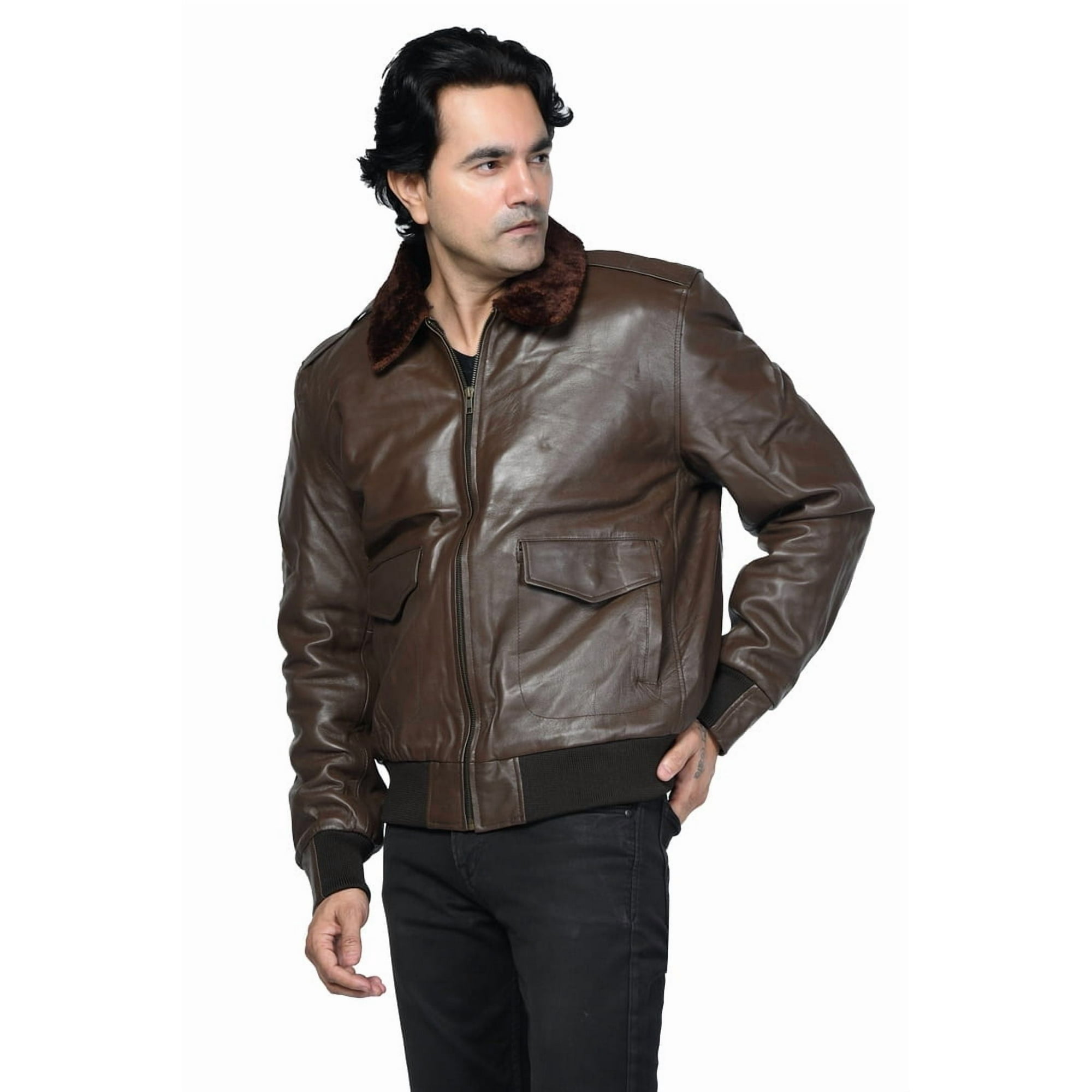 Chaqueta Cuero Sharo Classic Leather Marrón Chocolate Cuello Piel Genuina Hombre