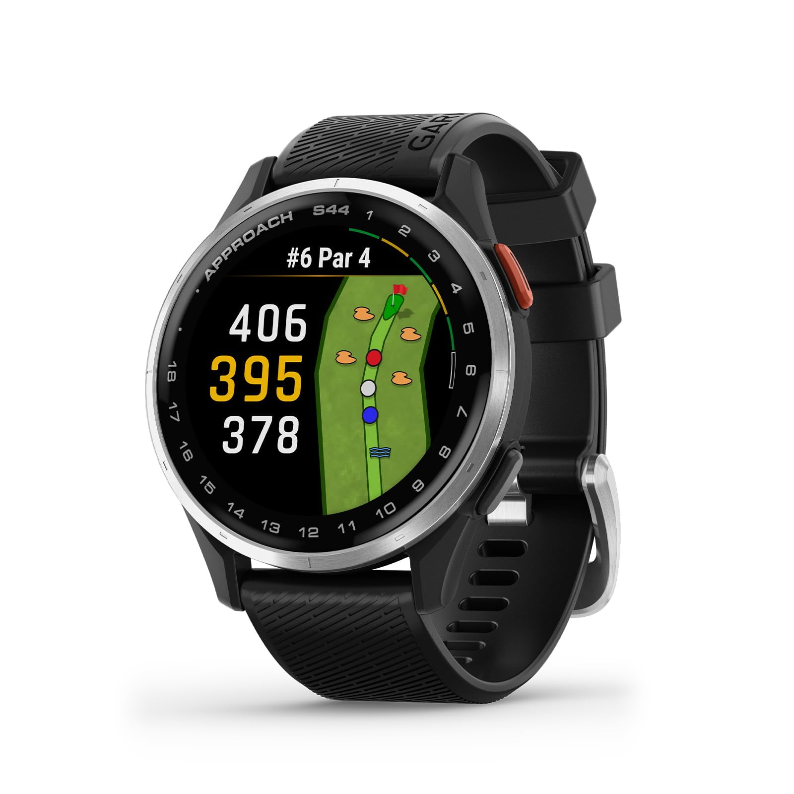 Reloj Inteligente Garmin Approach® S44 Con Gps Essential Golf, Pantalla Amoled, Funciones En El Campo, Bisel De Aluminio Plateado Con Correa De Silicona Negra