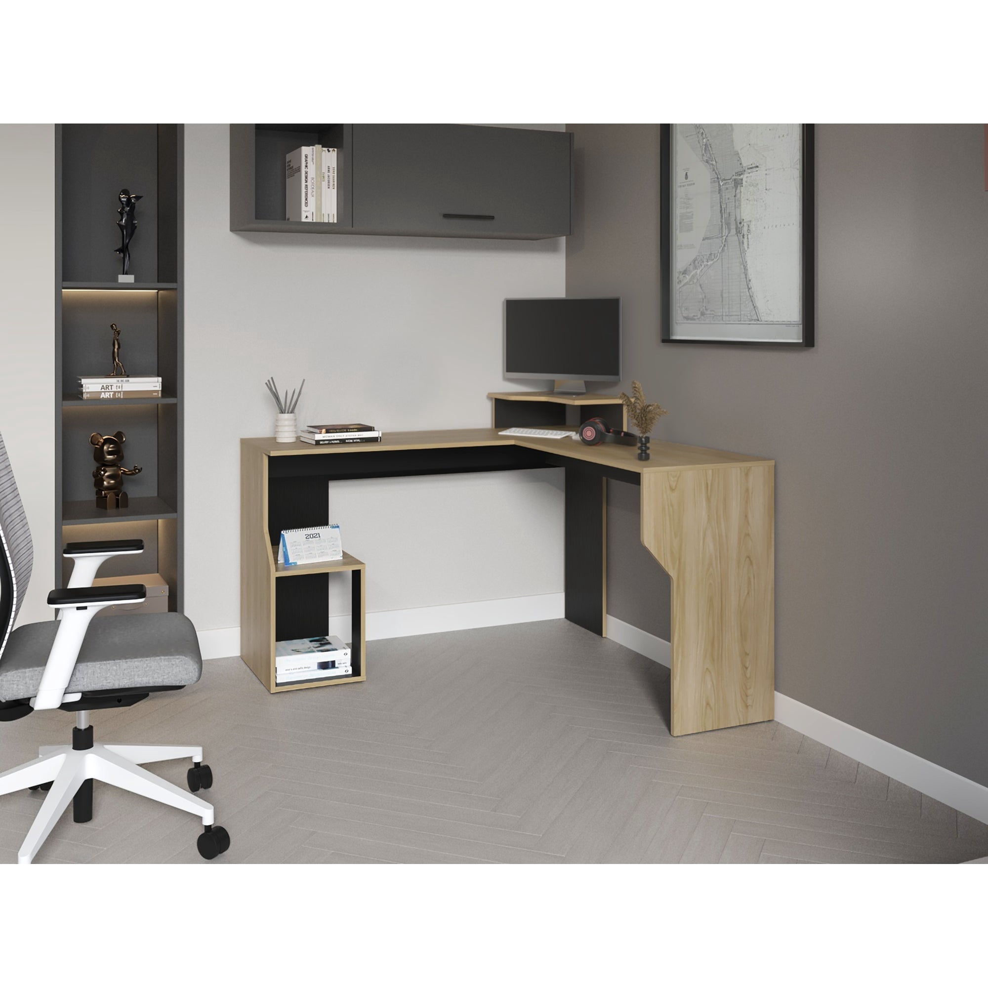 Tuhome - Escritorio En L Juanita Fresno Y Wengue 90,6x130x130 Cm