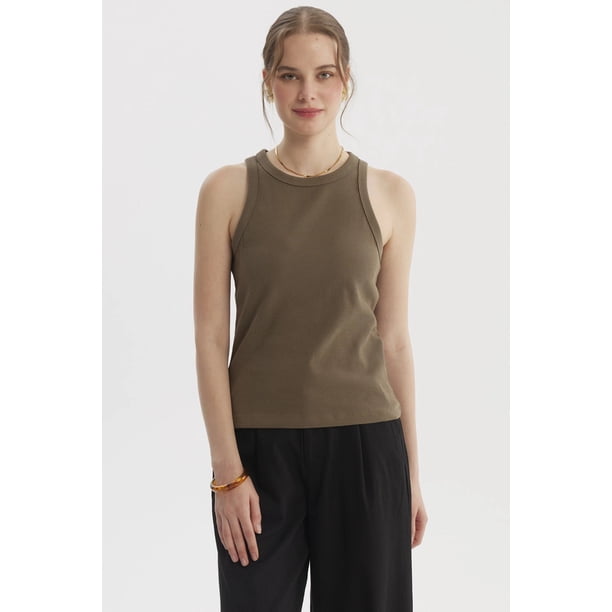 Polera Peto Mujer Básico Liso Rib Verde Olivo