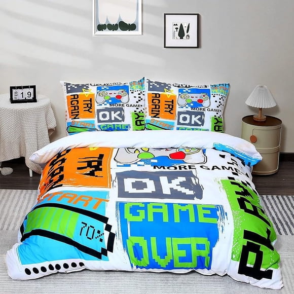 Boys -Gamer- Duve-t Cover- Set 3 Pieces T-win G-ame Pl-ayer W-hite Bedd-ing Sets- with 1- Duvet- Cover 2 Pillowcases
