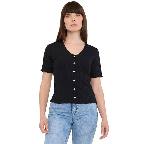 Polera Mujer Rib Botones Negro Corona
