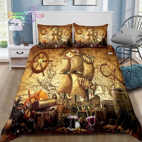 Vintage Pirates Bedding Set Bed Set Adult Kid Bedroom Pirates Treasure Map Bedding Gift Bed Sheets