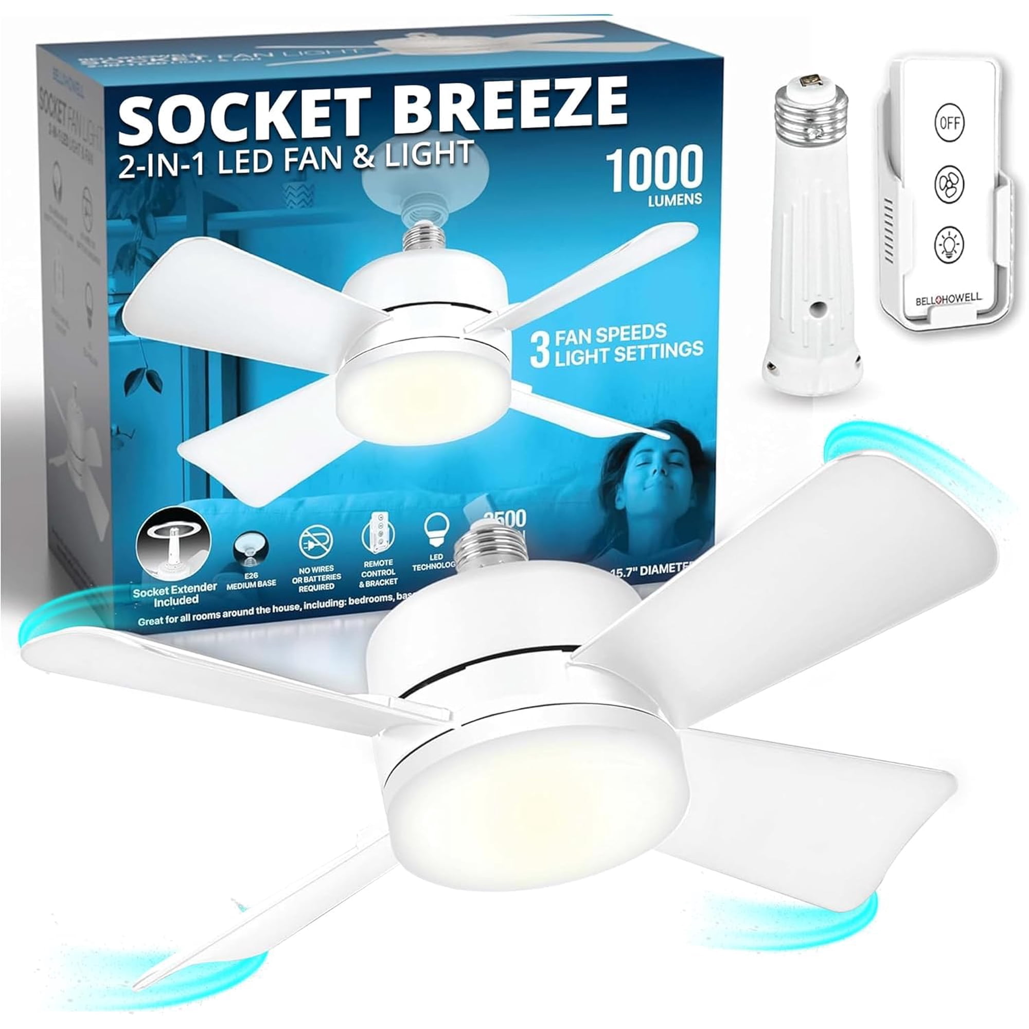 Bell + Howell - Ventilador De Techo Bell+howell Socket Breeze Con Luz Led De 39 Cm