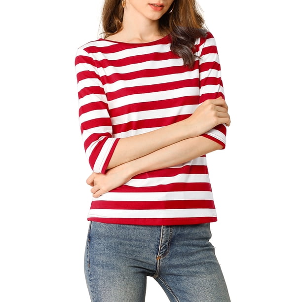 INSPIRE CHIC Camiseta Básica de Mujer con Mangas al Codo Cuello Redondo Ajustada Regreso a Clases Camiseta Casual Estampada Rojo Blanco S