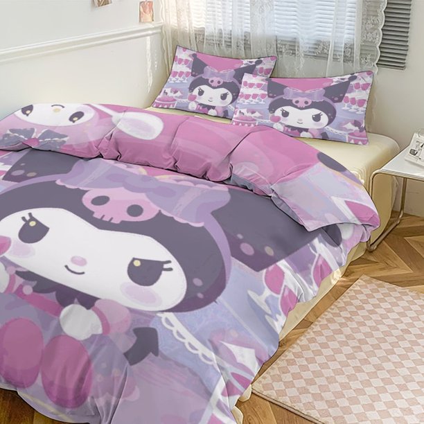 Kuromi 3 Pieces Anime Merch Comforter Set 1 Quilt Cover 2 Pillowcases 3D Printed Cute Comfortable Bed Set Cover Merchandise Gifts for Boys Girls Adults