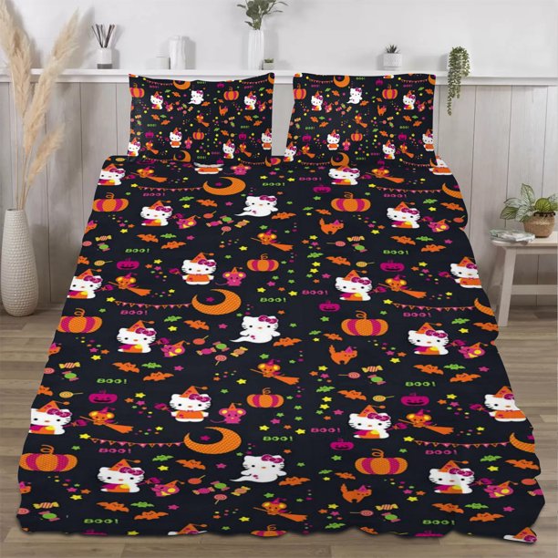 Halloween Hello_Kitty_ Quilt Set FullSoft Lightweight Quilts Quilted Bedspreads3 Pieces Set Queen SizeColorful Cartoon Print All Season 173*218CM