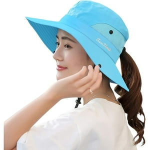 Veatool - Sombreros Plegables Con Protección Uv Para Mujer, De Malla Y Ala Ancha, Para Pescar En La Playa, Con Agujero Para La Coleta
