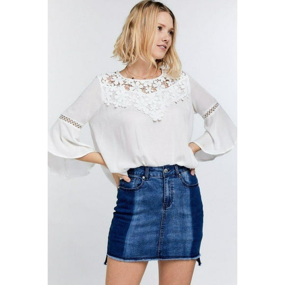 Bonita Blusa con Mangas Acampanadas, Detalle de Crochet, Canesú de Malla Floral con Encaje y Lazo en la Espalda