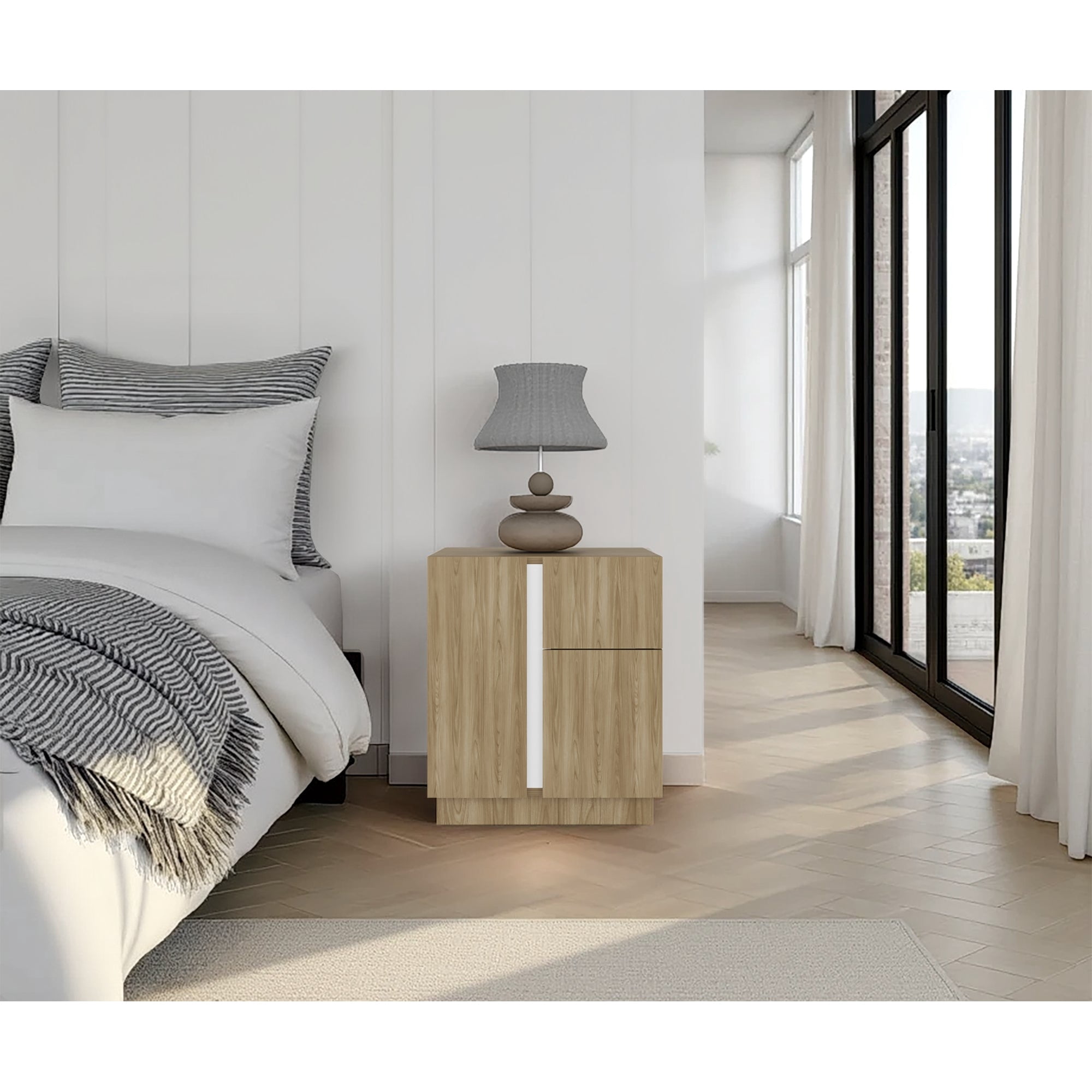 Tuhome - Velador 2 Puertas Y 1 Cajon Carmi 52x45x40 Cmfresno Y Blanco