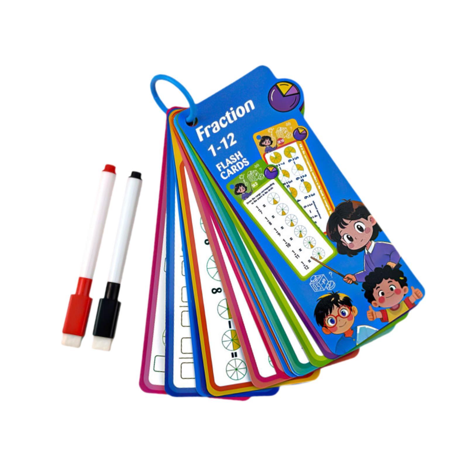 Magideal - Matemáticas Para Niños Flashcard De Enseñanza Ayudas De 8X18 Cm Con Carpetas Bordes Redondeados De Resistencia A La Lágrima Con 2 Bolígrafos Secos 15 Fracción