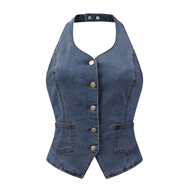 INSPIRE CHIC Chaleco de Mezclilla para Mujer de Regreso a Clases Cuello Halter con Botones Chaleco de Mezclilla sin Espalda L Gris Azul