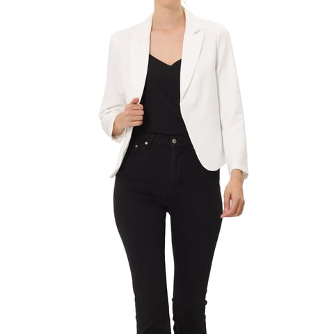 Inspire Chic - Blazer Chic Para Mujeres, Abierto Al Frente, Ideal Para El Trabajo, Chaqueta De Traje Corta De Verano, Color Blanco Sólido
