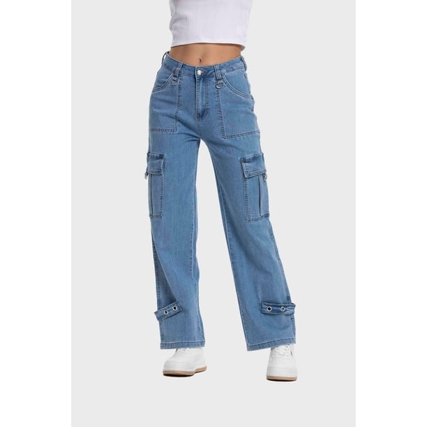 Jeans Mujer Recto Cargo Ojetillo Azul