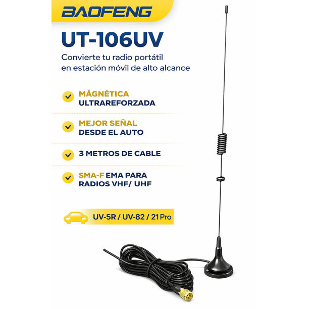 Antena Baofeng Ut-106uv Base Magnética Vhf Uhf Dual Band Sma-f 144-430mhz Alta Ganancia Para Auto Radio Portátil Handy Walkie Talkie Mayor Alcance Exterior (ci)