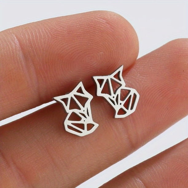 1pair Cute Origami Cat Stud Earrings For Men, Stainless Steel Kitten Earings, Animal Children Accessories