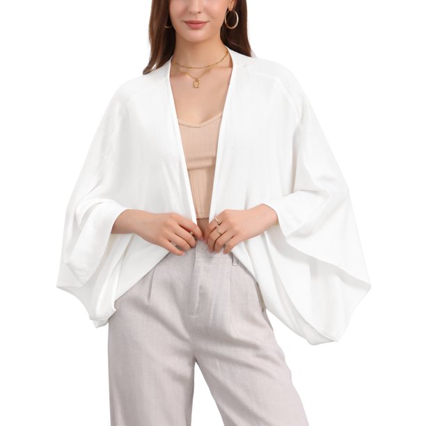 Cárdigan de Lino para Mujer Primavera Verano 3/4 Mangas Abiertas Frente Suelto Cubiertas Ligeras M Blanco