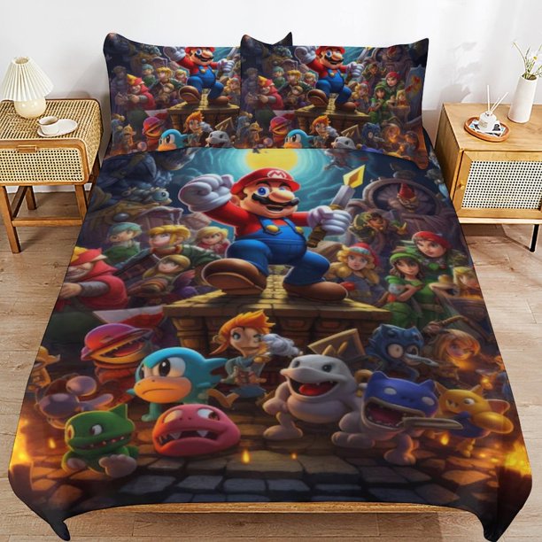 Super Mario 3-Piece Comforter Set for Bedroom Super Mario Bedding Set for Kids Adults Soft Microfiber Duvet Cover Set with Zipper Closure