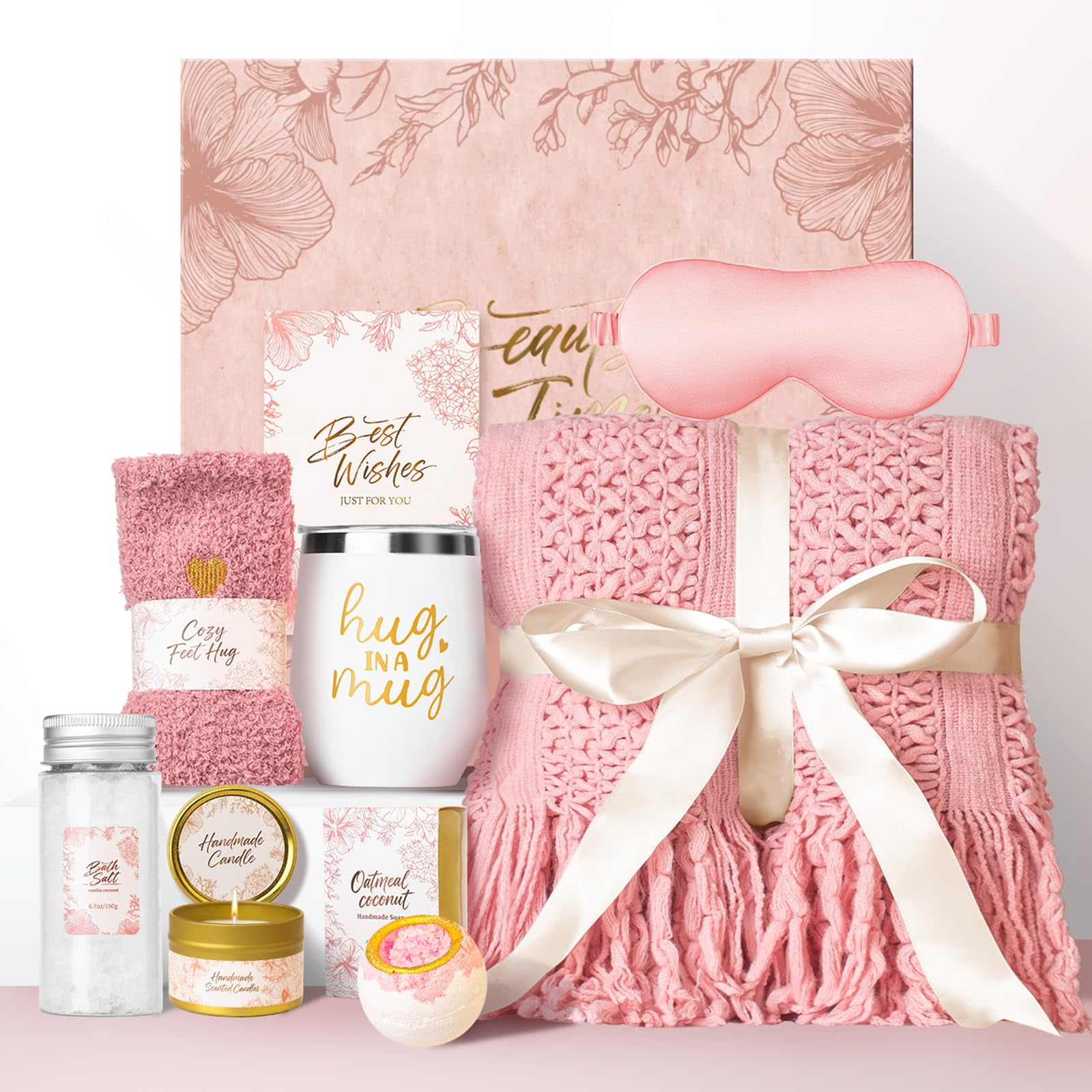 Limsukmf - Canasta De Regalo Para Mujeres, Set De Cuidado Personal Con Manta Tejida - Paquete De Cuidado - Rosa