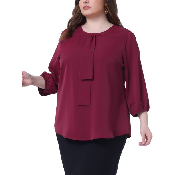 Agnes Orinda Blusa de Chifón con Volantes y Lazo en el Cuello Redondo para Mujer Talla Grande 4X Rojo Vino para Escuela, Universidad o Trabajo